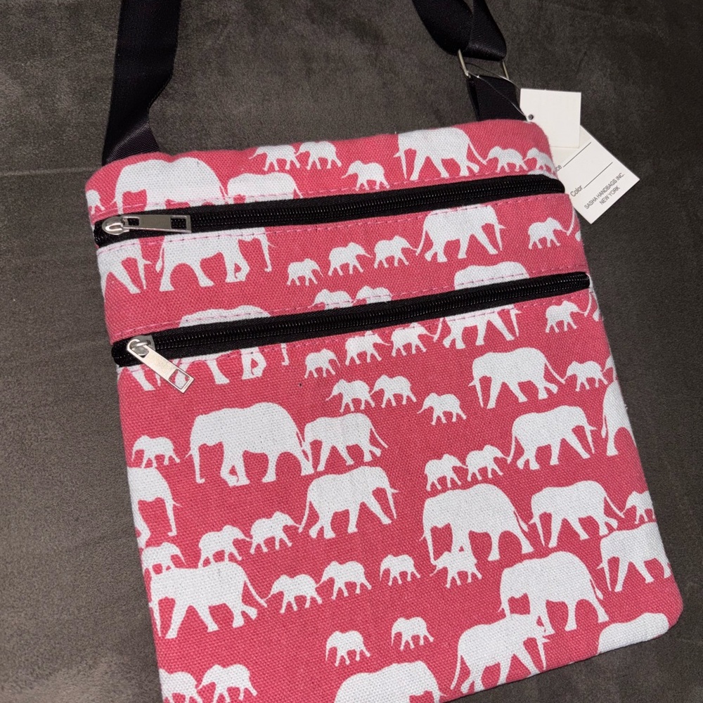 🐘 3 Pocket Elephant Print Pink Crossbody Bag
